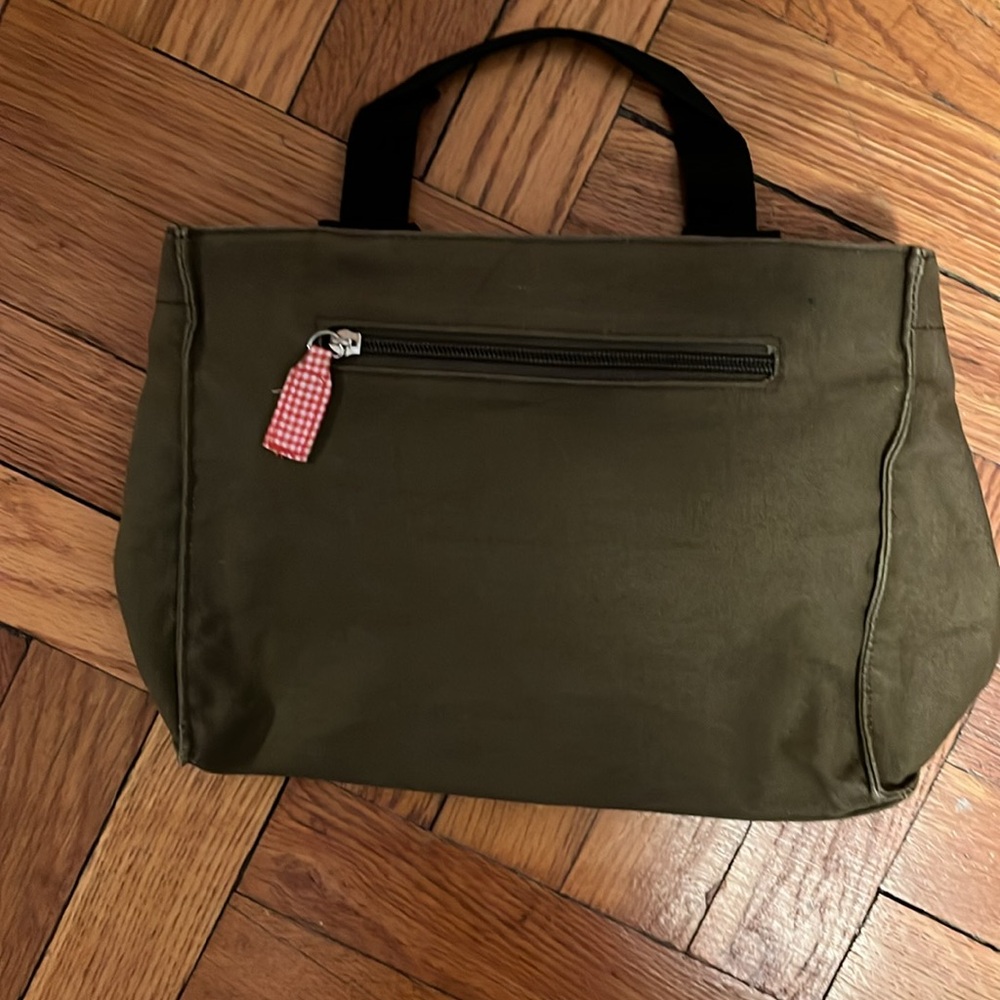 Zadig & Voltaire fabric handbag. Olive green, red/white gingham lining.